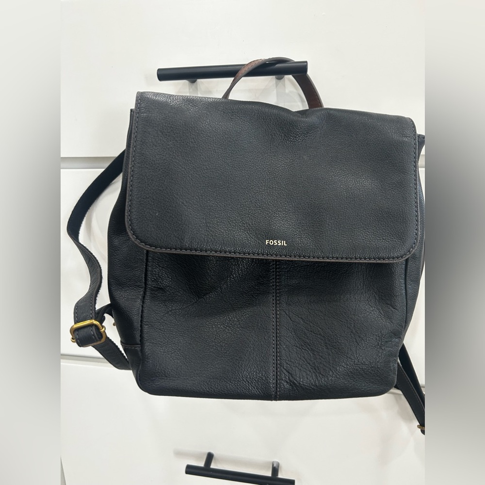 black leather Fossil backpack purse